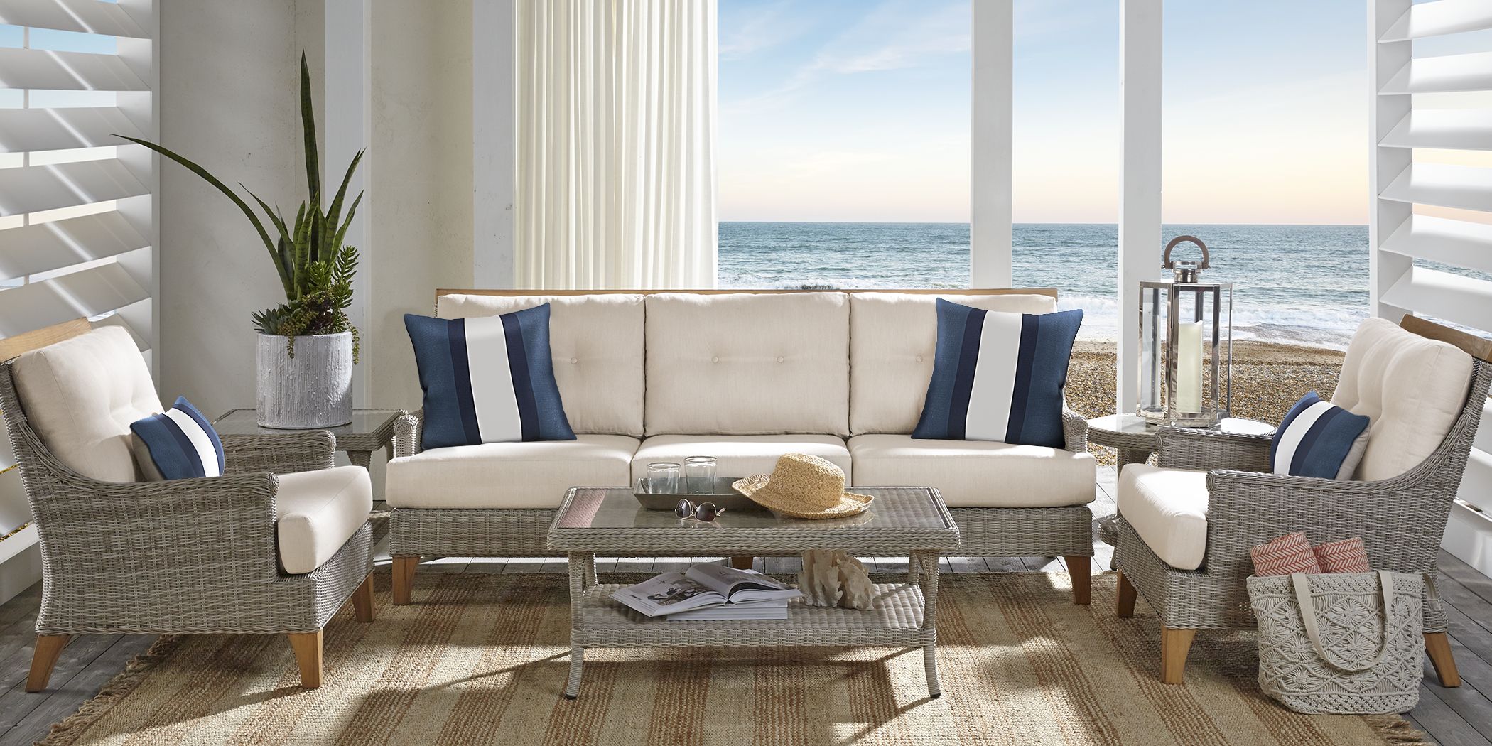 Cindy Crawford Furniture Leather Bedroom And Living Room   Cindy Crawford Home Hamptons Cove Gray 4 Pc Outdoor Seating Set With Flax Cushions 7821003P Image Room