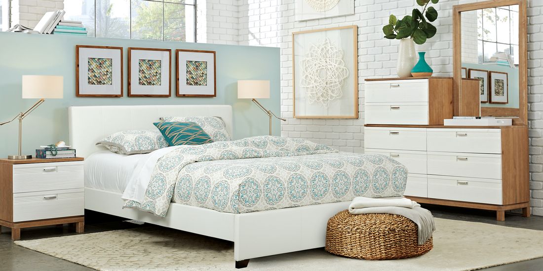 Gardenia Pecan 8 Pc Queen Bedroom With White Upholstered Bed