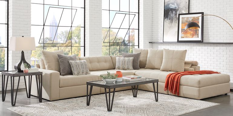 Beige Sectional Living Room Sets - Fabric, Microfiber