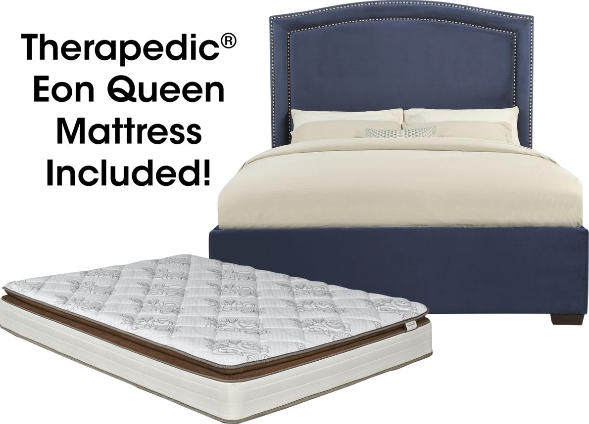 Loden Navy 5 Pc Upholstered Queen Bed and Mattress Set