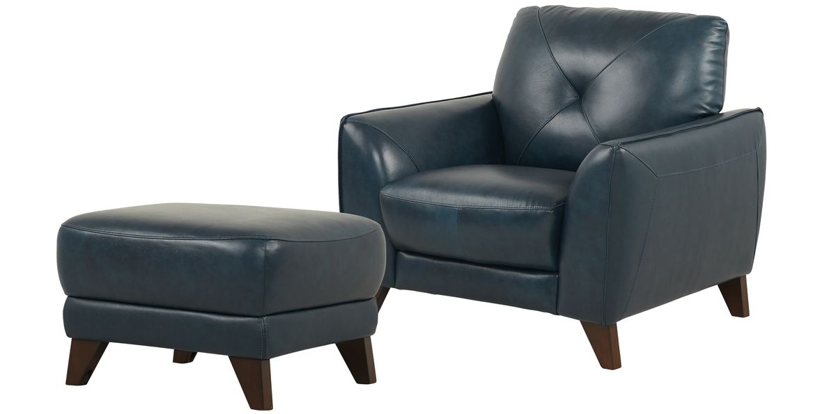Blue leather chair online with ottoman